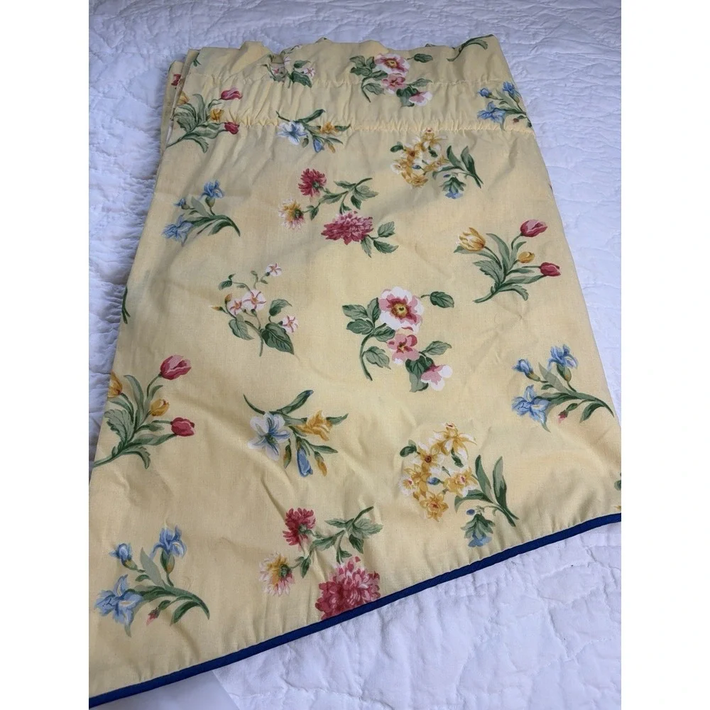 Vintage Yellow Floral Valances With Blue Piping Lined Custom Made Set Of 2